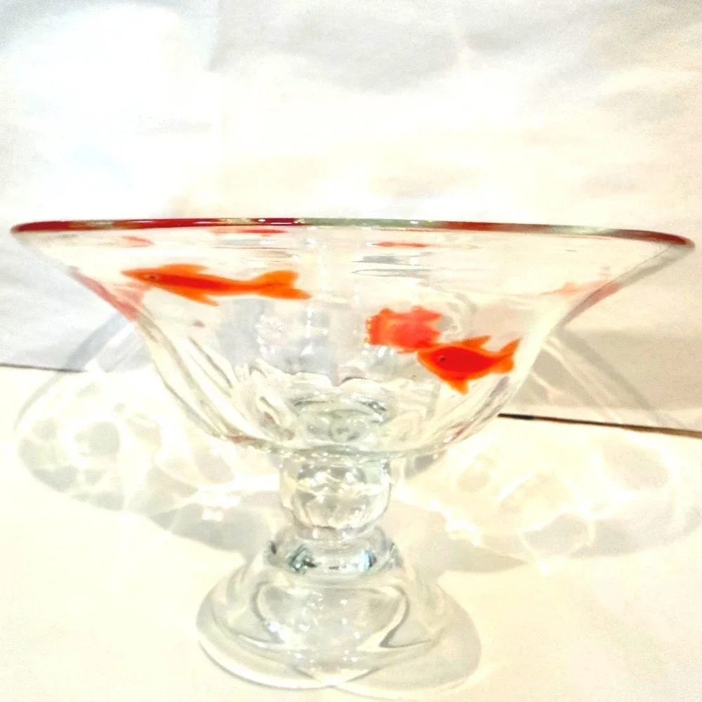 Crate and Barrel Go Fish Koi‎ Pedestal Bowl Hand Blown Glass Rare HTF Large